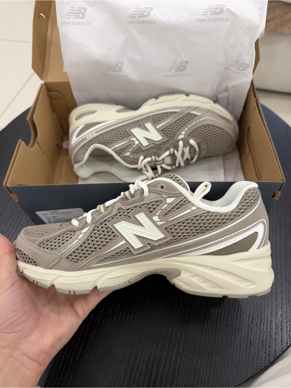 New Balance Taupe and Cream Mesh Running Sneaker